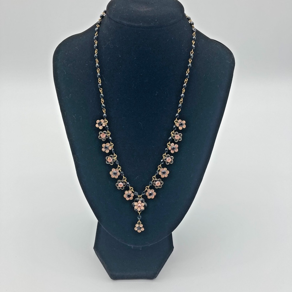 Vtg Michal Negrin Black Pink Beaded Floral Daisy Chain Choker Crystal Accents - Picture 3 of 9